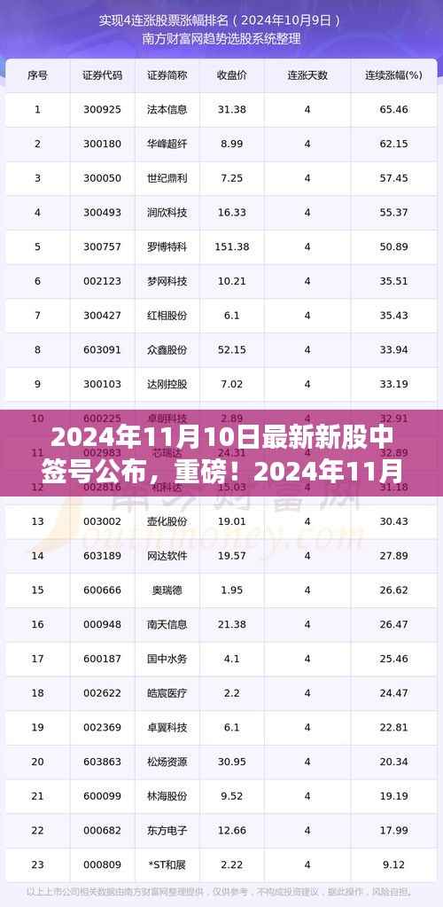 重磅揭晓!2024年11月10日新股中签号公布,你中签了吗?